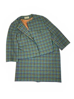 60’s Pendleton Wool Plaid 2Pc Coat Skirt Set Green, Blue, Beige Sz14 EUC
